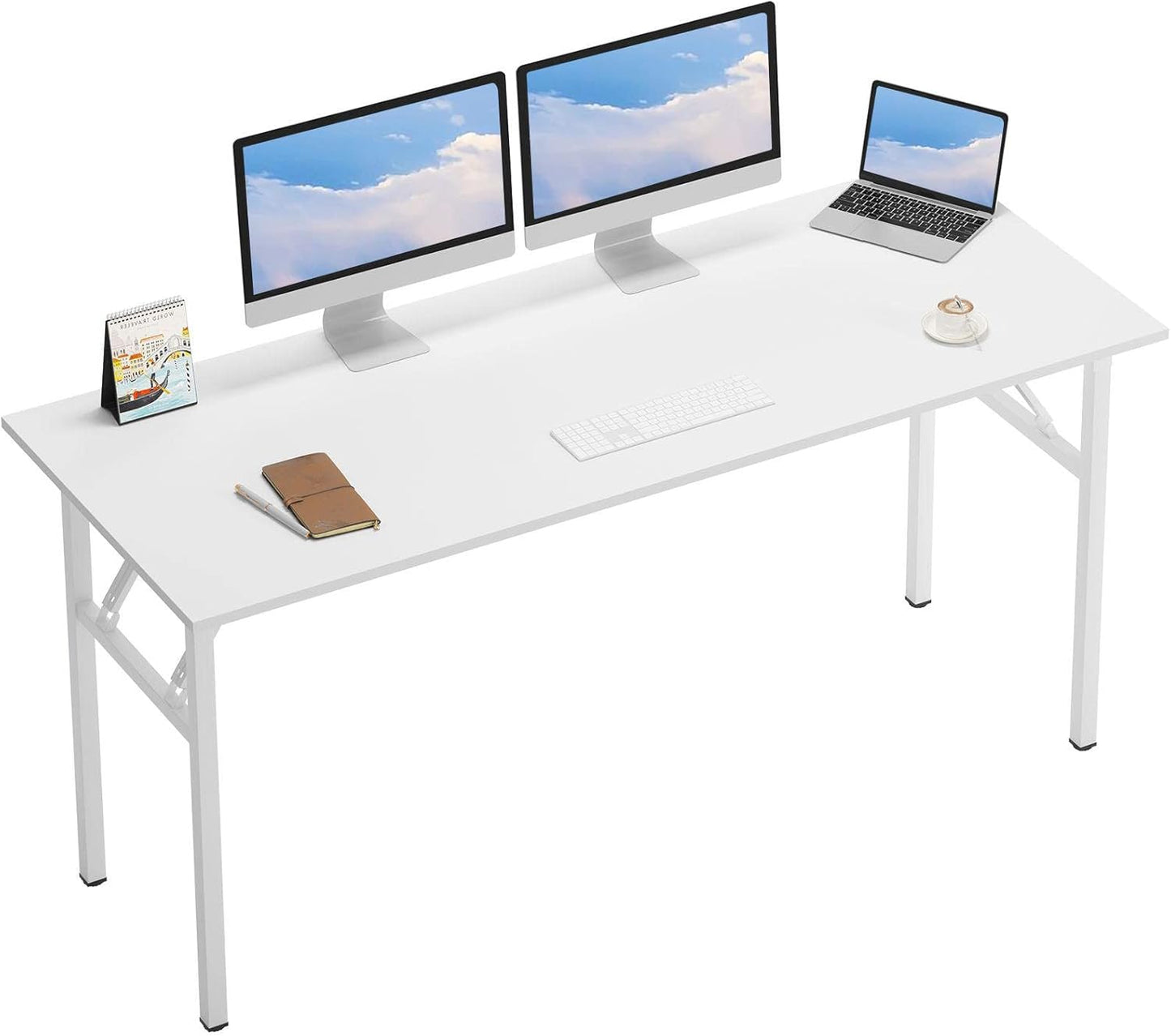 Computer Desk 62 Inches Office Desk Computer Table Study Writing Desk Workstation for Home Office Metal Frame No Install Needed White and White