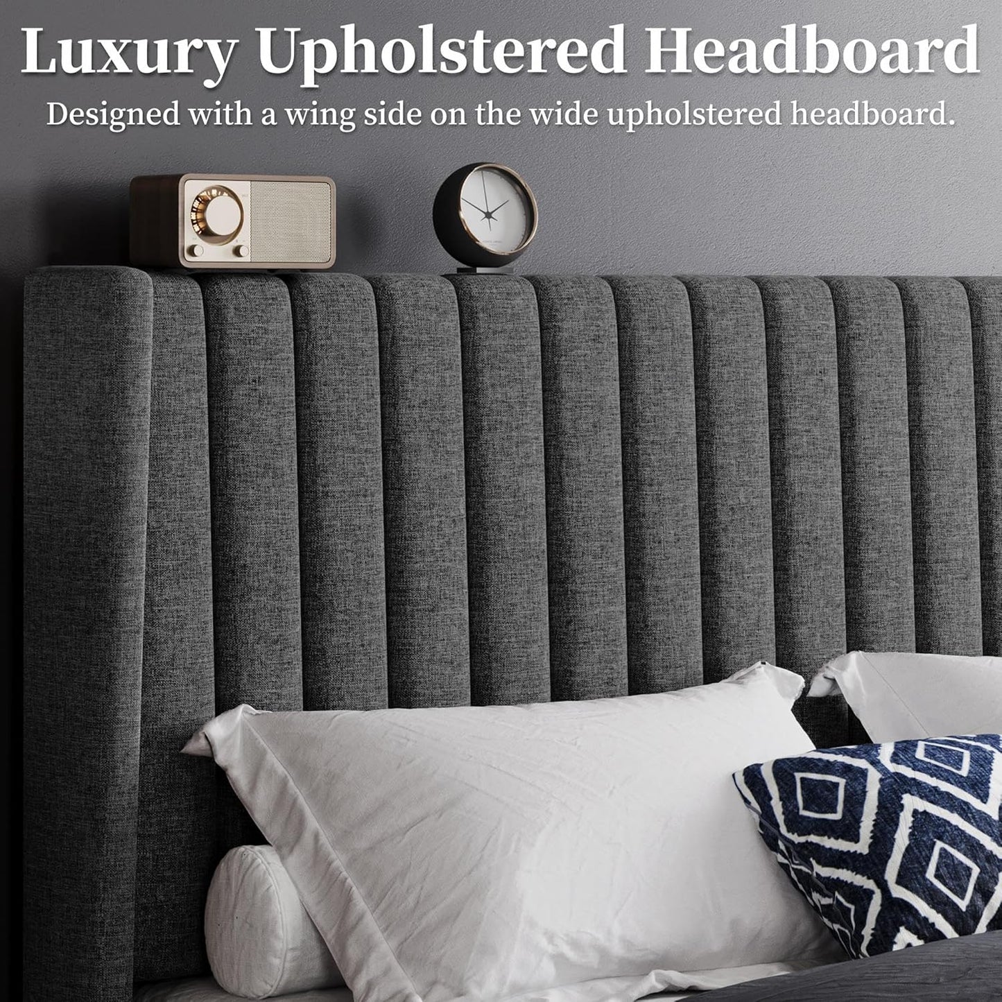 Queen Bed Frame Upholstered Platform Bed with Fabric Headboard, Wing Edge Design/Non-Slip and Noise-Free/Wooden Slats Support/No Box Spring Needed/Easy Assembly, Dark Gray Queen Bed
