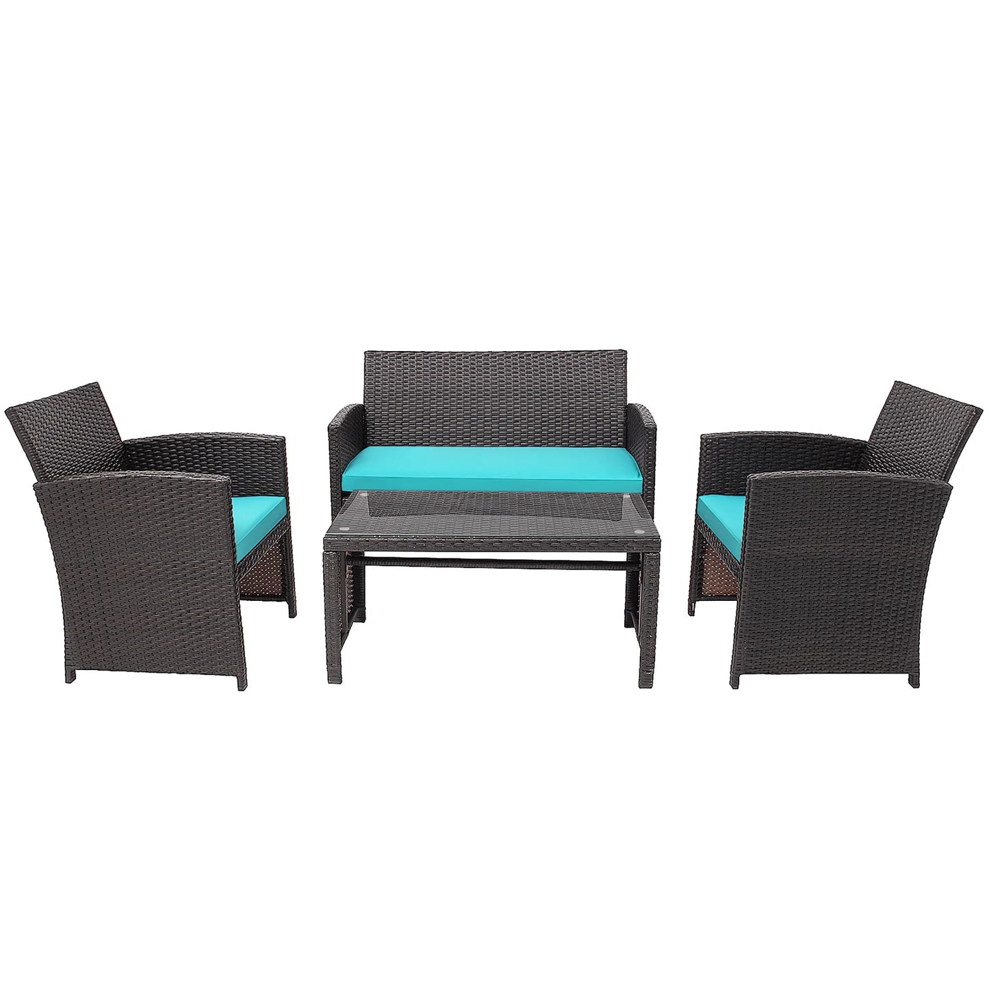 4PCS Patio Rattan Furniture Set Cushioned Chair Sofa Coffee Table Turquoise
