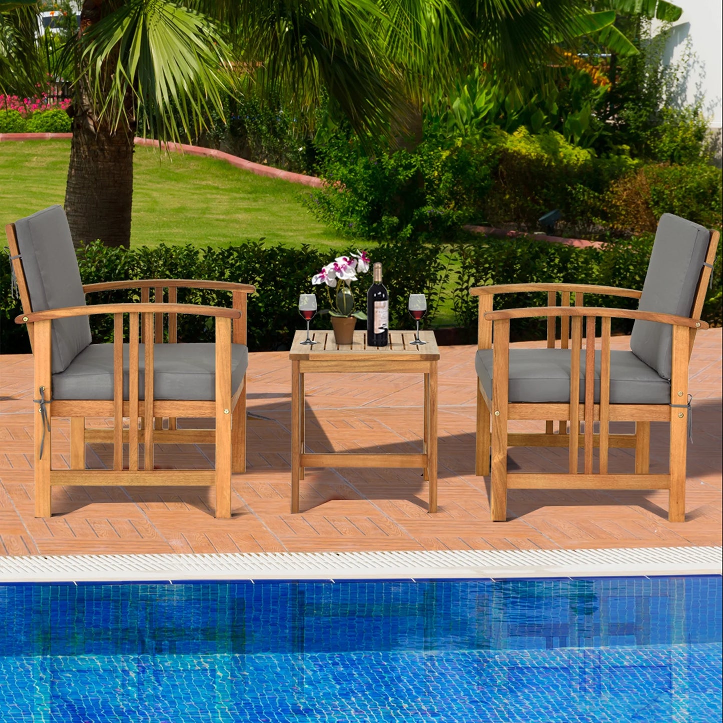 3PCS Solid Wood Patio Furniture Set Table&Chairs Grey Cushion