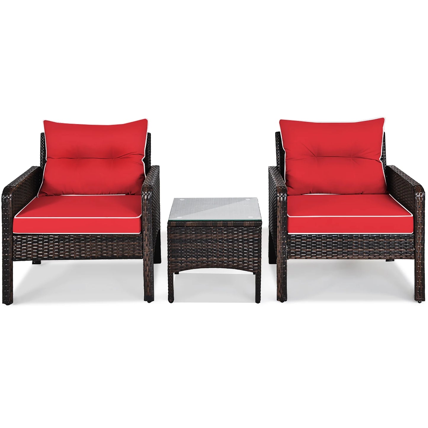 3PCS Outdoor Rattan Conversation Set Patio Furniture Cushioned Sofa Chair Red