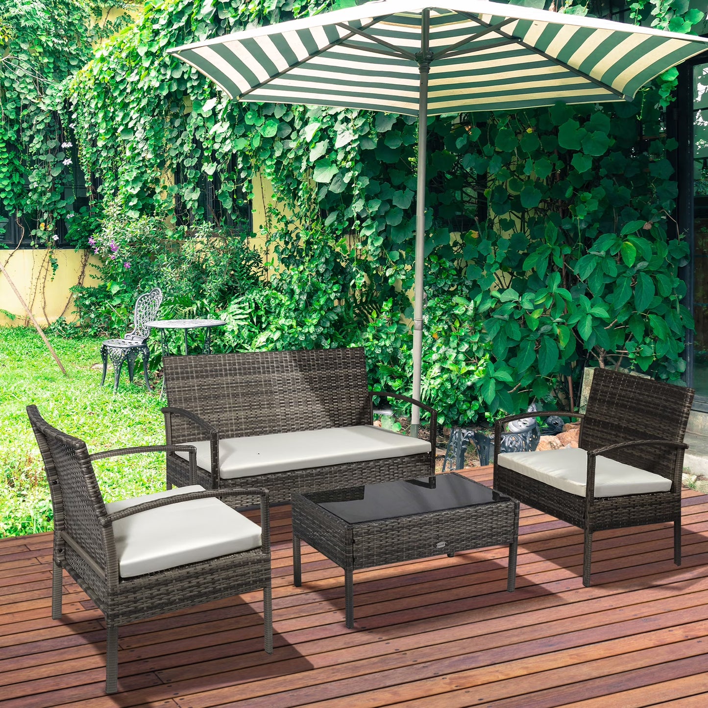 Patio Furniture Set, 4 Piece Indoor Outdoor PE Wicker Conversation Set with Chairs, Loveseat Sofa, Cushions, Glass Table, Brown