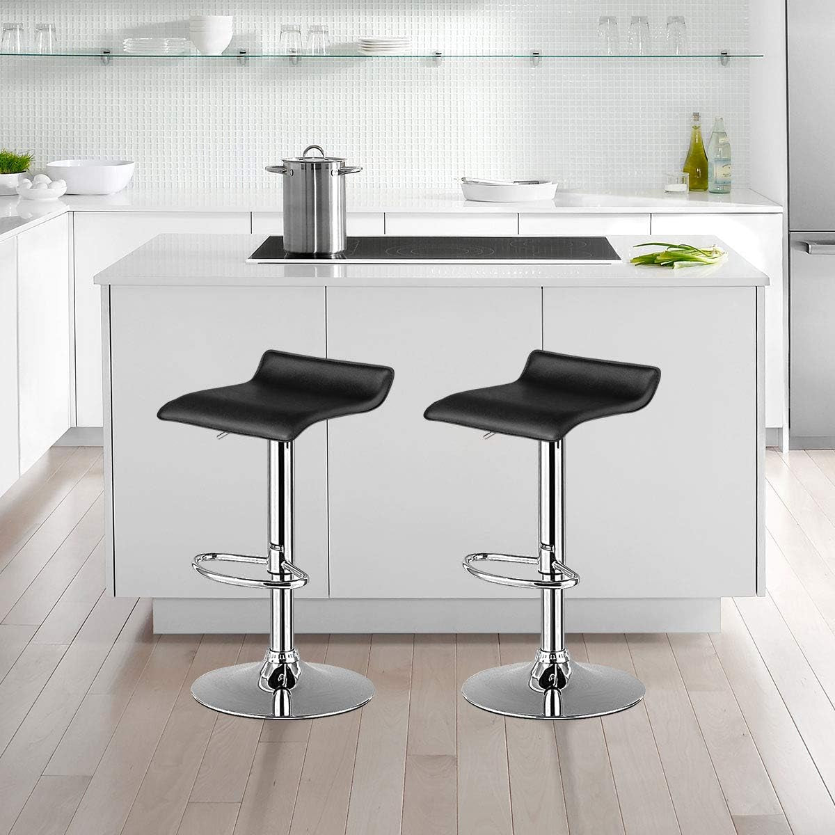 Bar Stools Set of 2, Modern Swivel Contemporary Barstools with Adjustable Height, Footrests, Chrome Hydraulic PU Leather Backless Bar Chairs for Kitchen Island Cafe Pub, Black