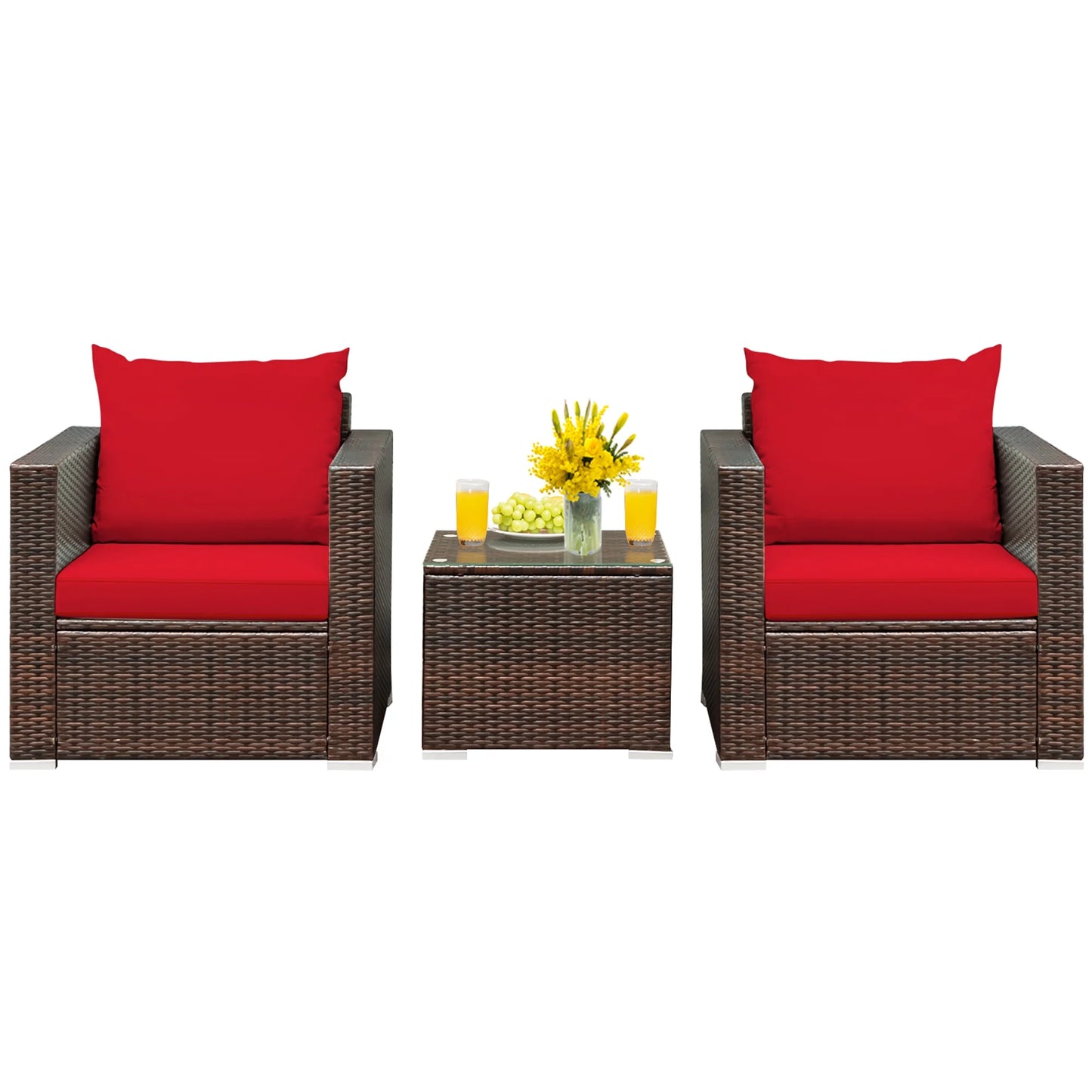 3PCS Patio Rattan Furniture Set Conversation Sofa Cushioned Garden Red