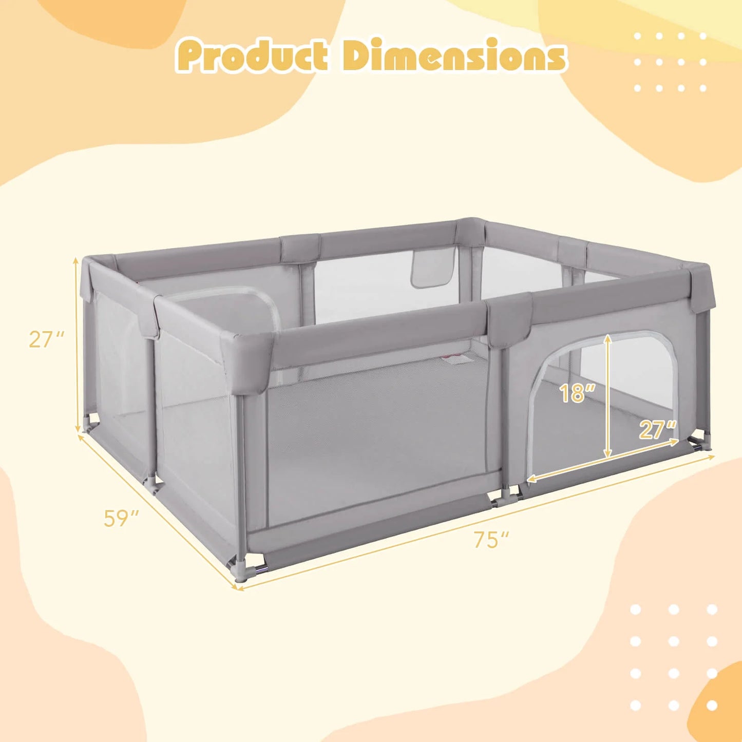 75" X 59" Large Baby Playpen with Breathable Mesh & Zipper Doors Play Yard Fence Gray