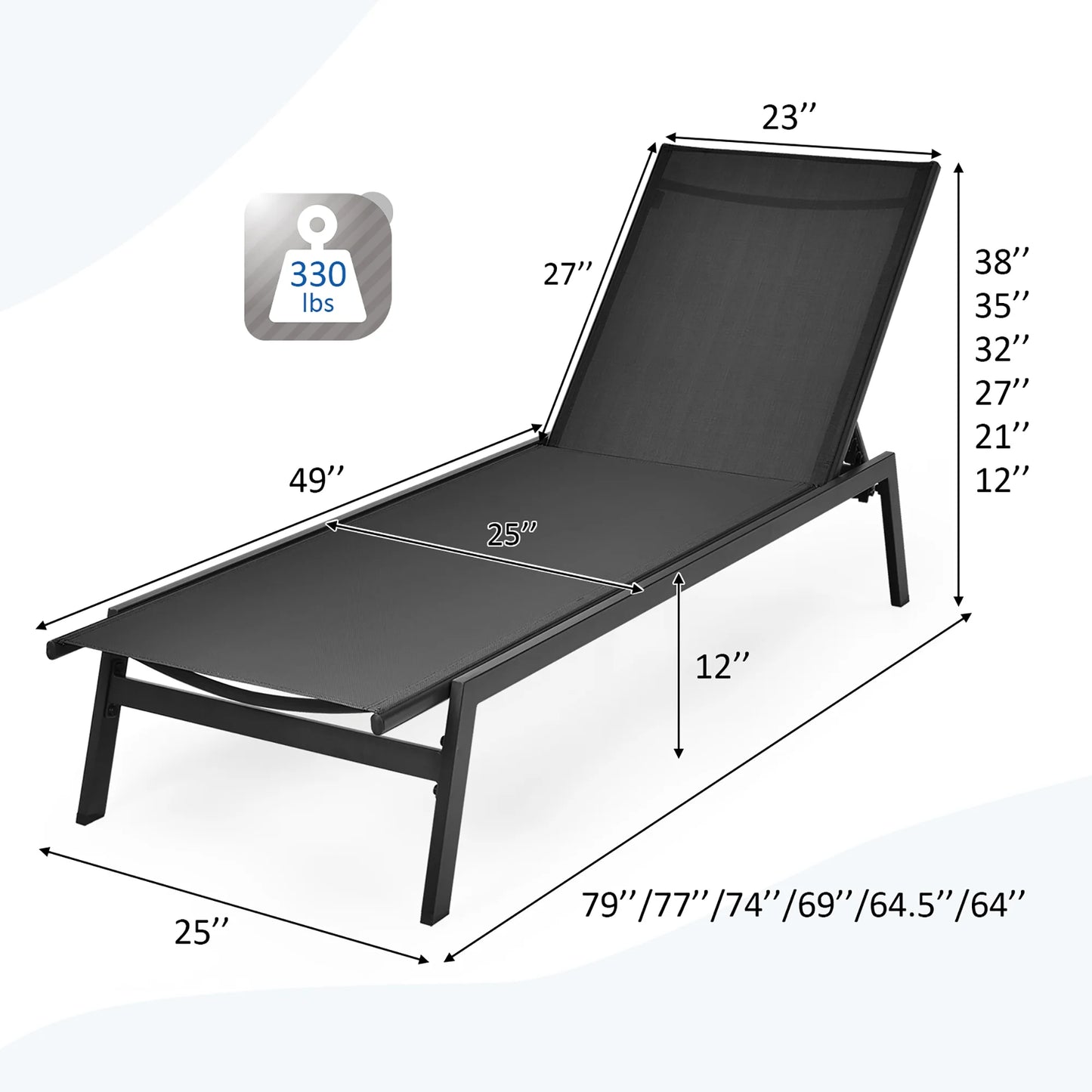 Patio Lounge Chair Chaise Recliner Back Adjustable Garden Deck Black