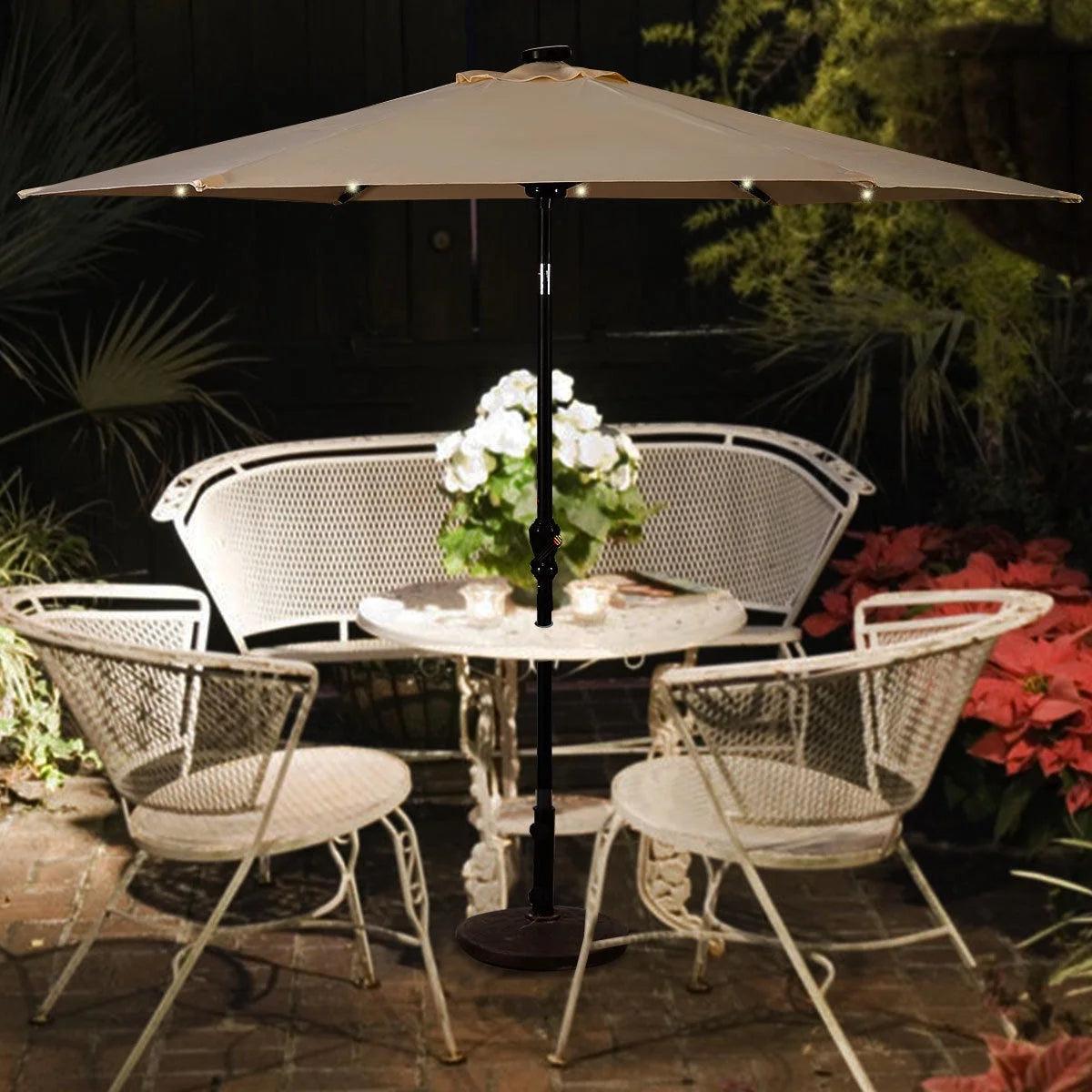 9FT Patio Solar Umbrella LED Patio Market Steel Tilt W/ Crank Outdoor