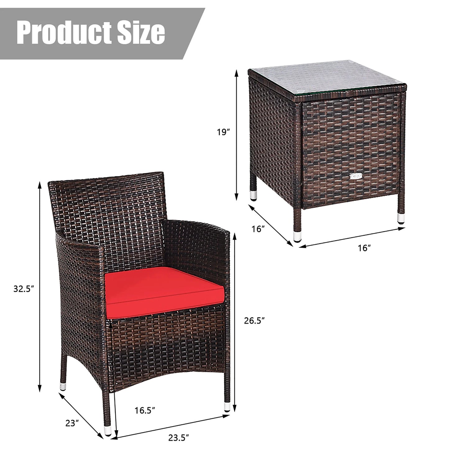 Outdoor 3 PCS PE Rattan Wicker Furniture Sets Chairs Coffee Table Garden Red