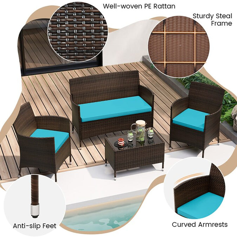 4 Pieces Comfortable Mix Outdoor Rattan Sofa Set with Glass Coffee Table 4 -Piece Rattan Patio Conversation Set with Blue Cushions