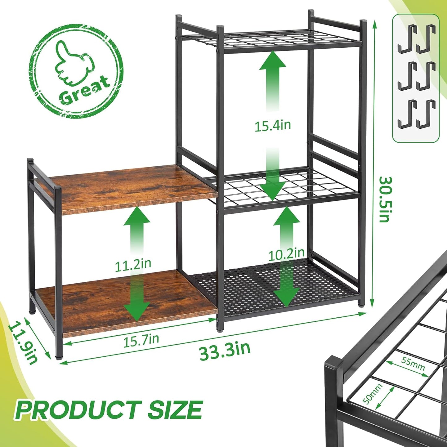 Garage Tool Organizer with 2-Tier Wooden Shelves, Yard Tool Organizer for Garage