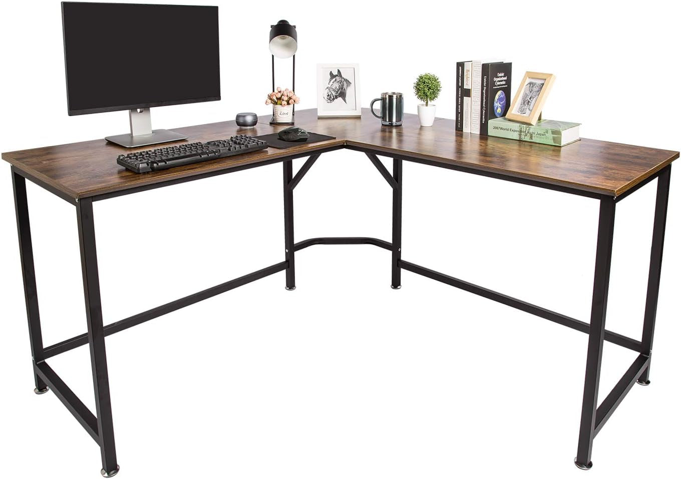 L-Shaped Desk Corner Computer Desk 59" X 59" with 24" Deep Workstation Bevel Edge Design (Industrial/Rustic Brown)