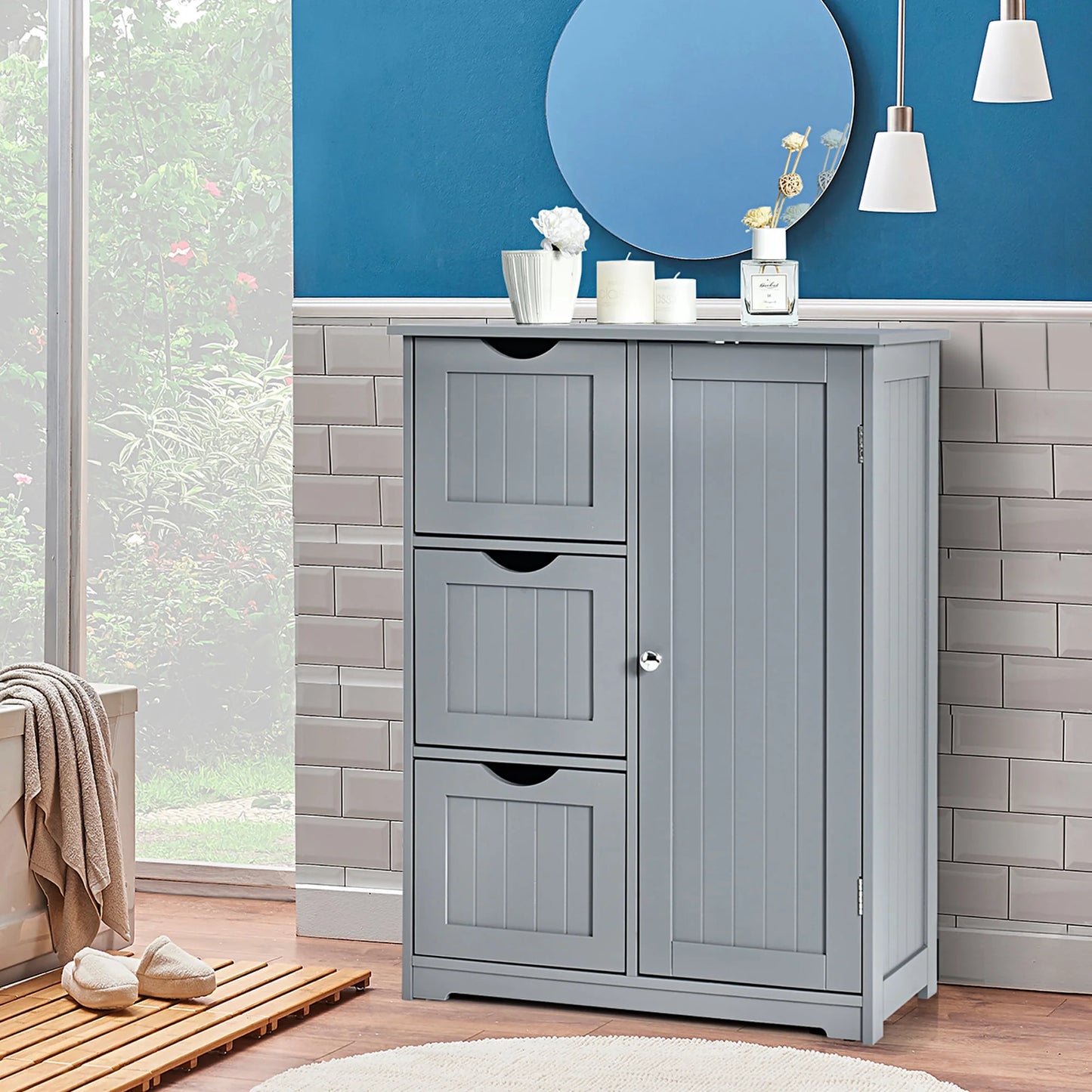 Bathroom Floor Cabinet Side Storage Cabinet with 3 Drawers and 1 Cupboard Grey