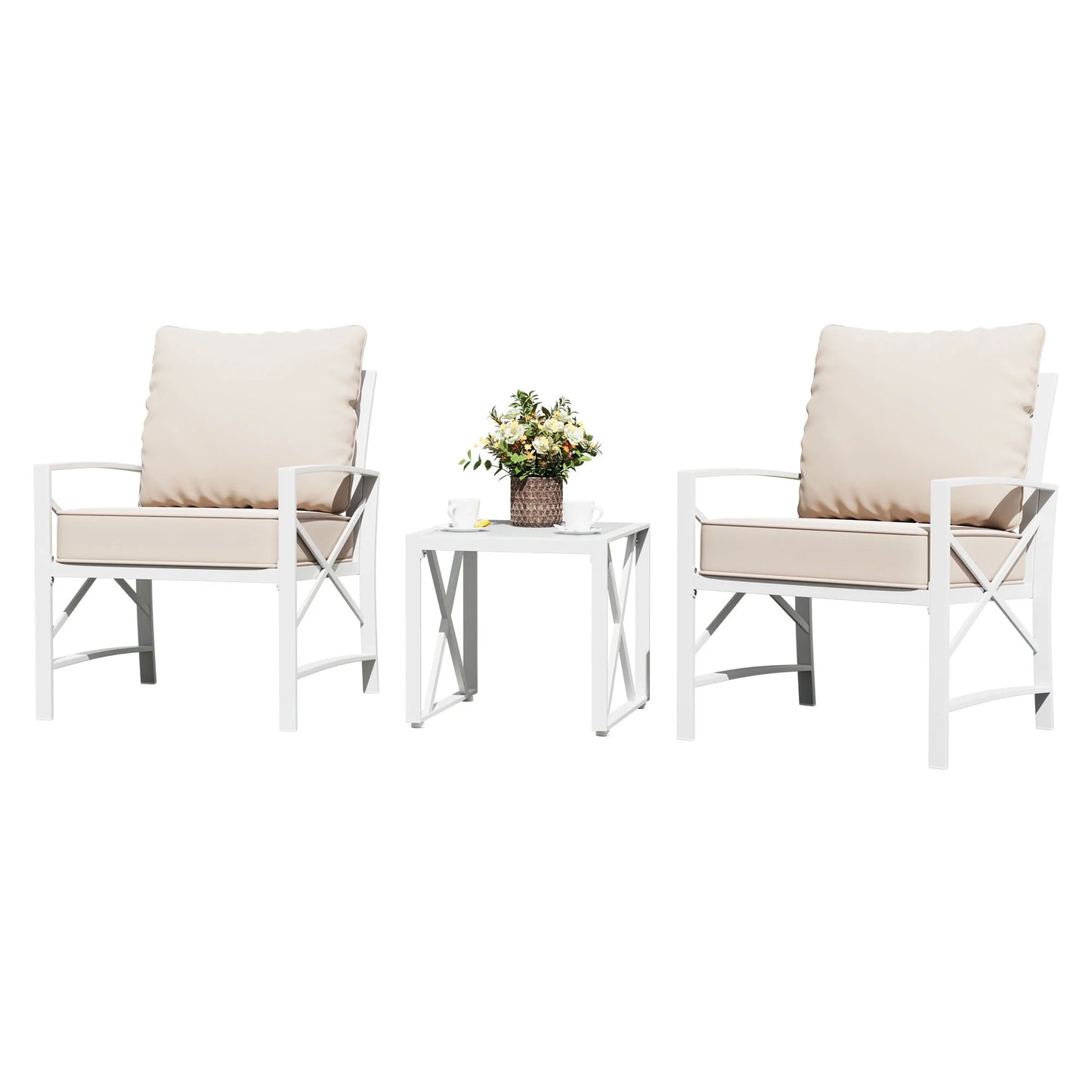 3-Piece Patio Furniture Set, Outdoor Conversation Furniture Set with Matching Side Table, Metal Sofa Chairs Detachable Cushions Khaki