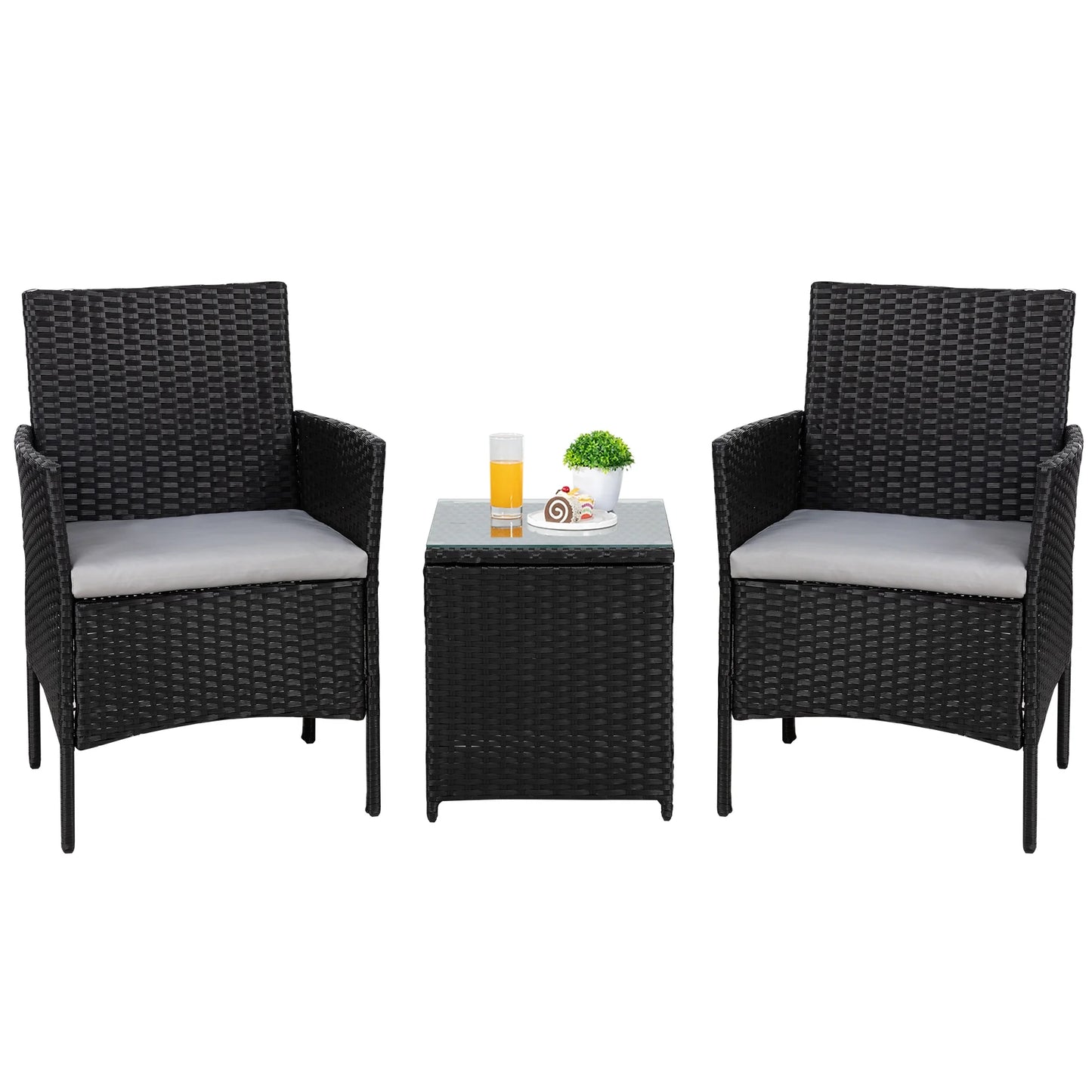 3 Pieces Outdoor Rattan Wicker Patio Furniture Set PE Chairs and Table Set