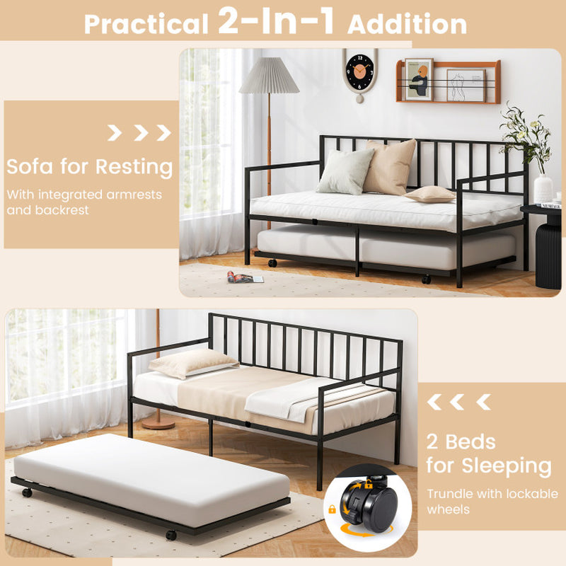 Twin Daybed Set with Metal Slat Support and Roll-Out Trundle