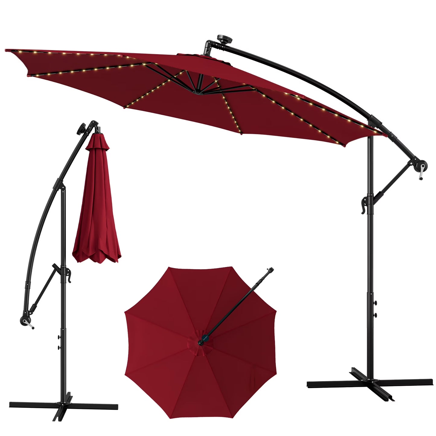 10FT Patio Solar-Lighted 112 LED Cantilever Offset Umbrella Crank Tilt Outdoor Beige