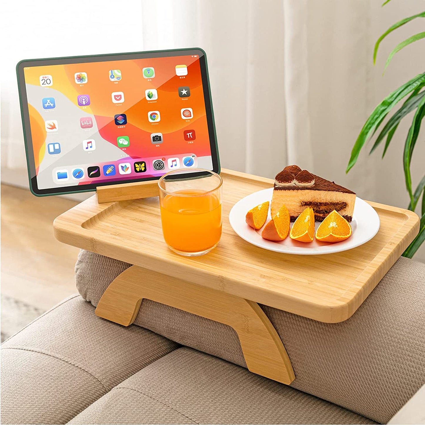 Couch Arm Table, Bamboo Sofa Clip on Tray Tables,Sofa Armrest Tray with 360° Phone Holder,Couch Armrest Table for Eating and Drinking