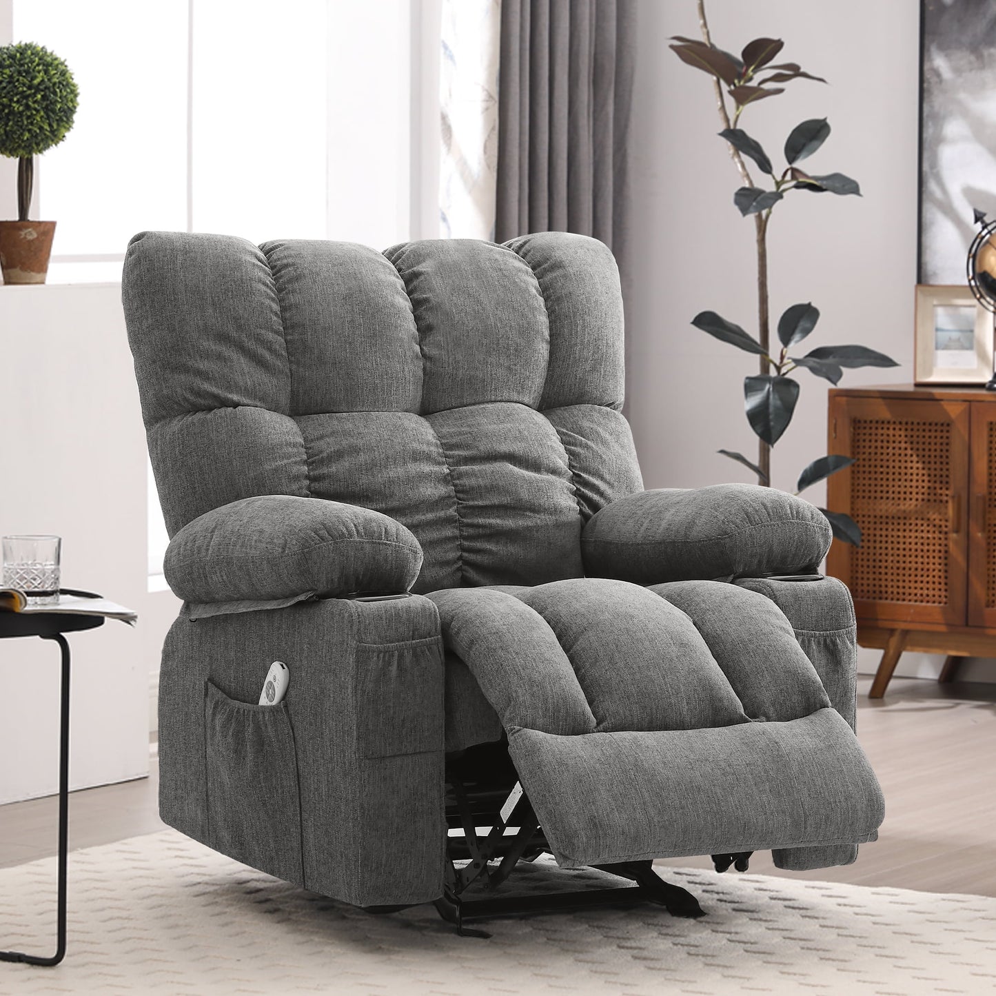 Manual Recliner Chair with Heat Therapy and Massage Function, Heavy Duty Reclining Mechanism Massage Chair, Elderly Single Rocker Sofa with Cup Holders for Bedroom Home Theater,Grey