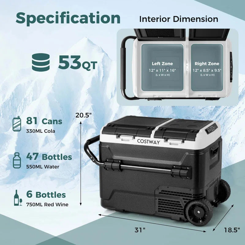 Dual Zone 12V Car Refrigerator 53Qt Portable Compressor Fridge Freezer