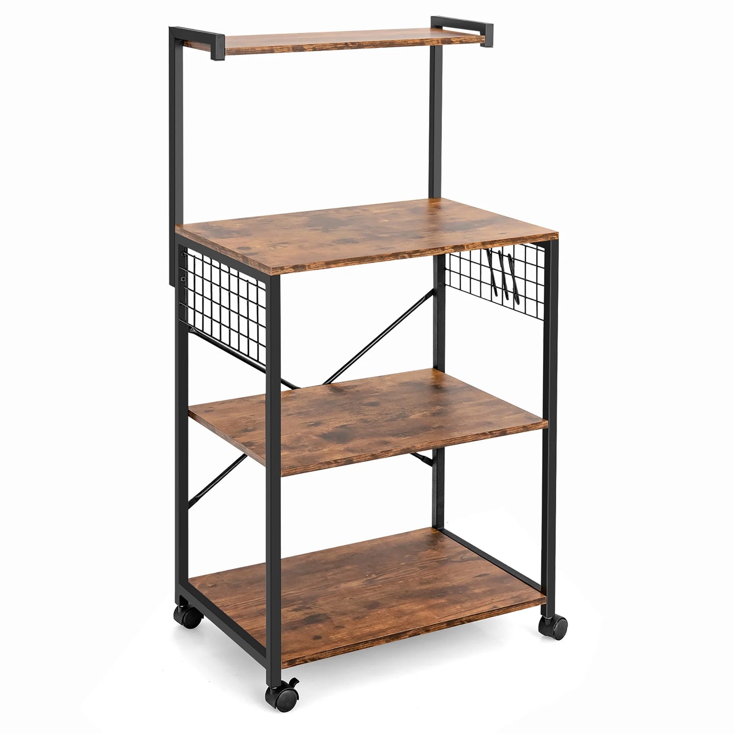 4-Tier Rolling Bakers Rack Industrial Utility Microwave Oven Stand Cart W/ Hooks