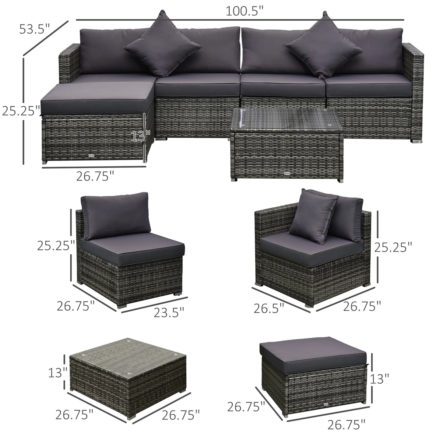 6 Pieces Patio Furniture Sets Outdoor Wicker All Weather PE Rattan Sectional Sofa Set with Ottoman, Cushions & Tempered Glass Desktop, Gray