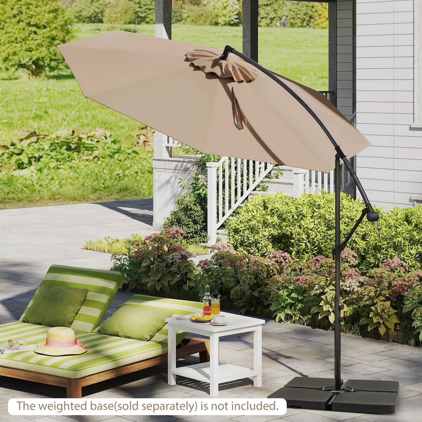 10' Hanging Umbrella Patio Sun Shade Offset Garden Market W/ T Cross Base Tan
