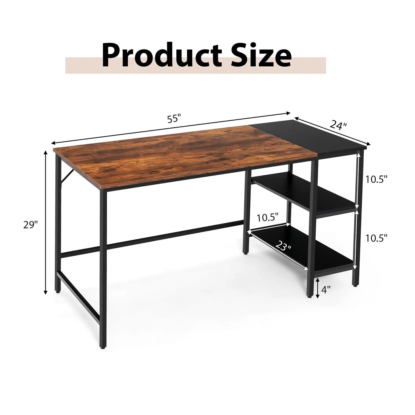 55'' Computer Desk Writing Workstation Study Table Home Office with Bookshelf Rustic