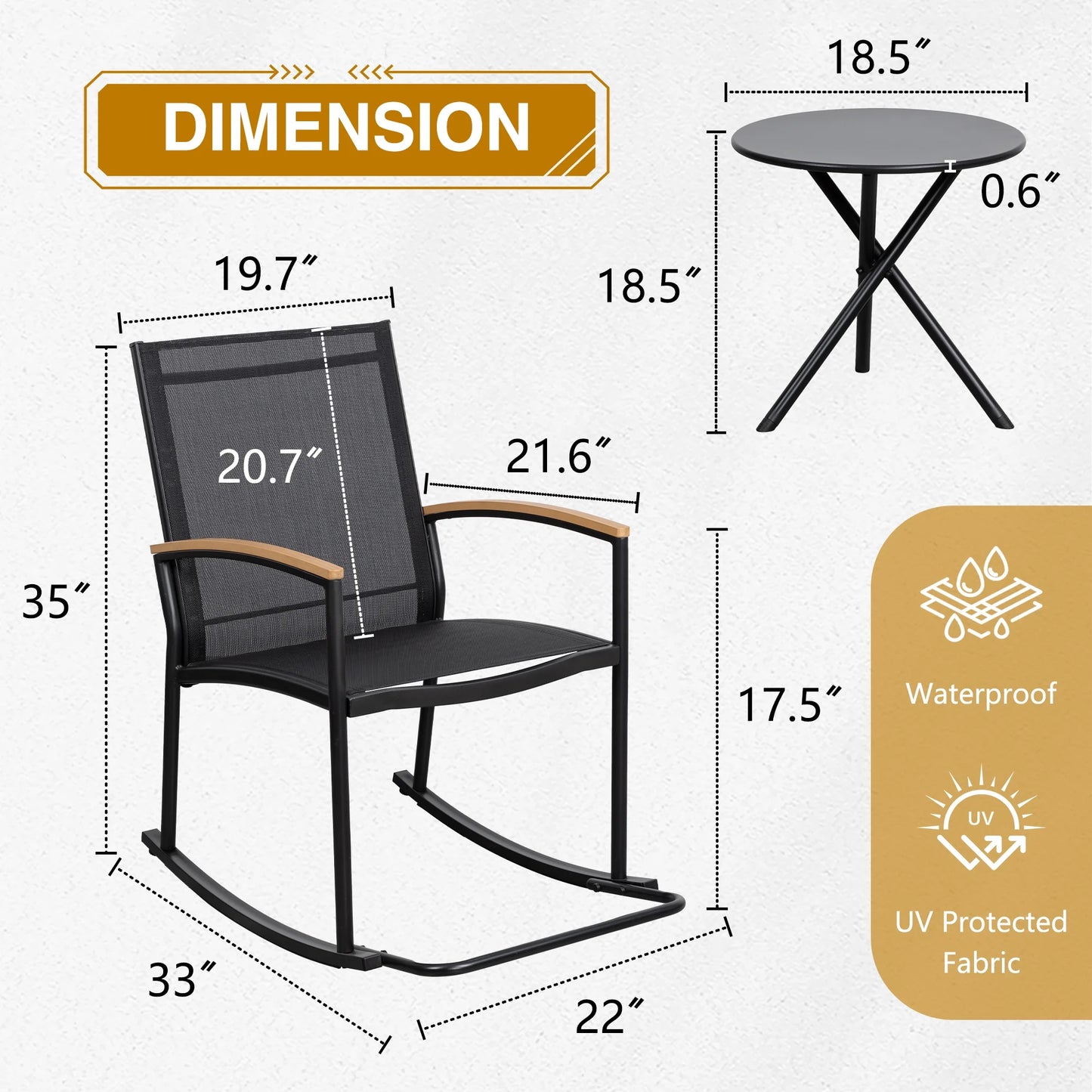 3-Piece Patio Bistro Sets, Outdoor Breathable Rocking Chairs & Black Furniture Conversation Set-Two Chairs with Coffee Table Black
