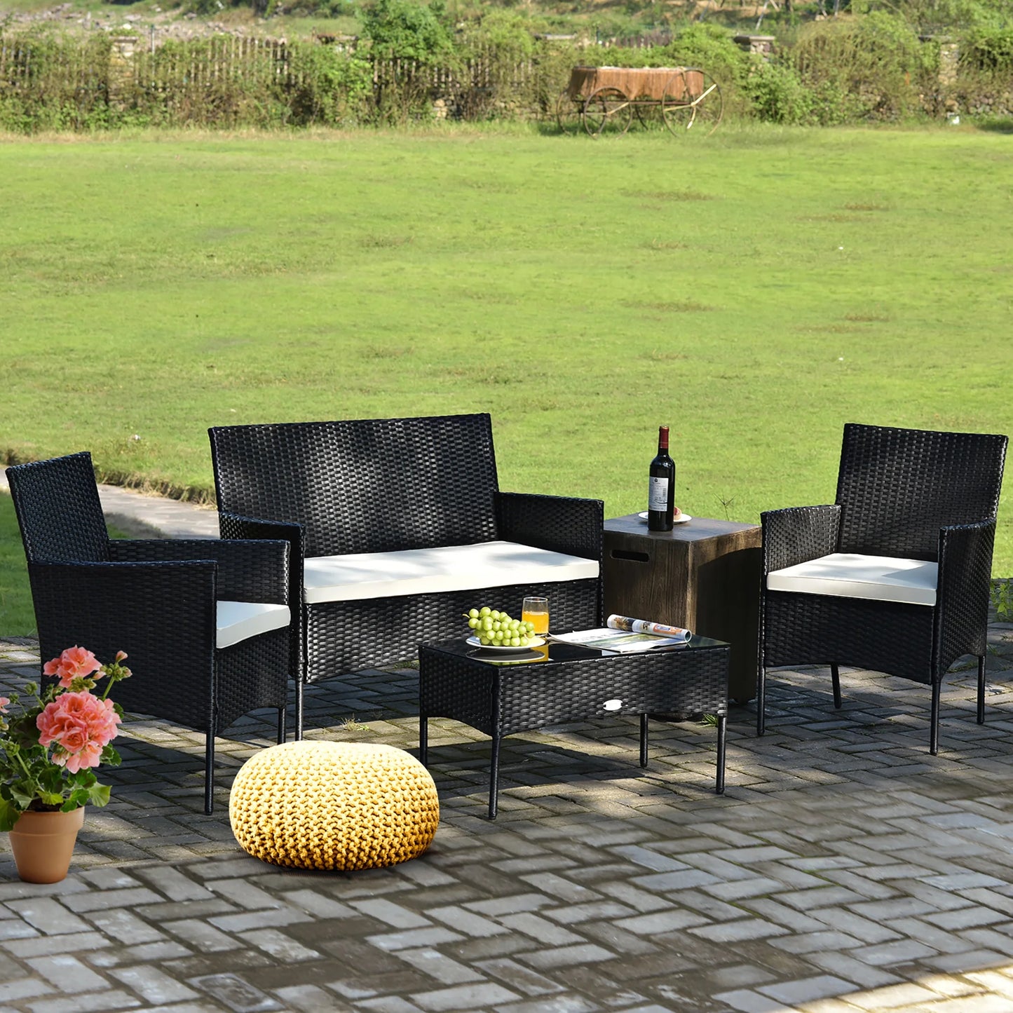 4PCS Patio Rattan Furniture Set Cushioned Sofa Coffee Table Backyard Porch White