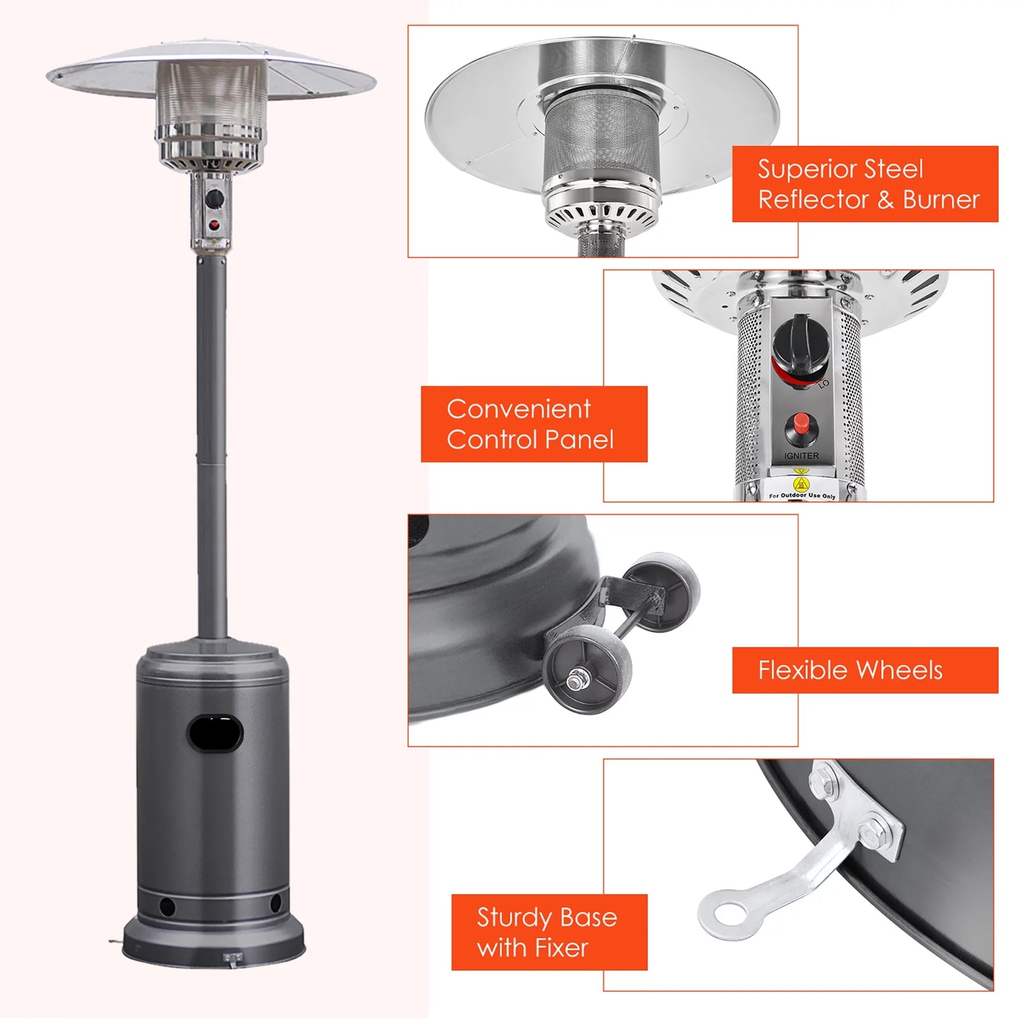 50000 BTU Propane Patio Heater Standing Steel with Wheels Grey