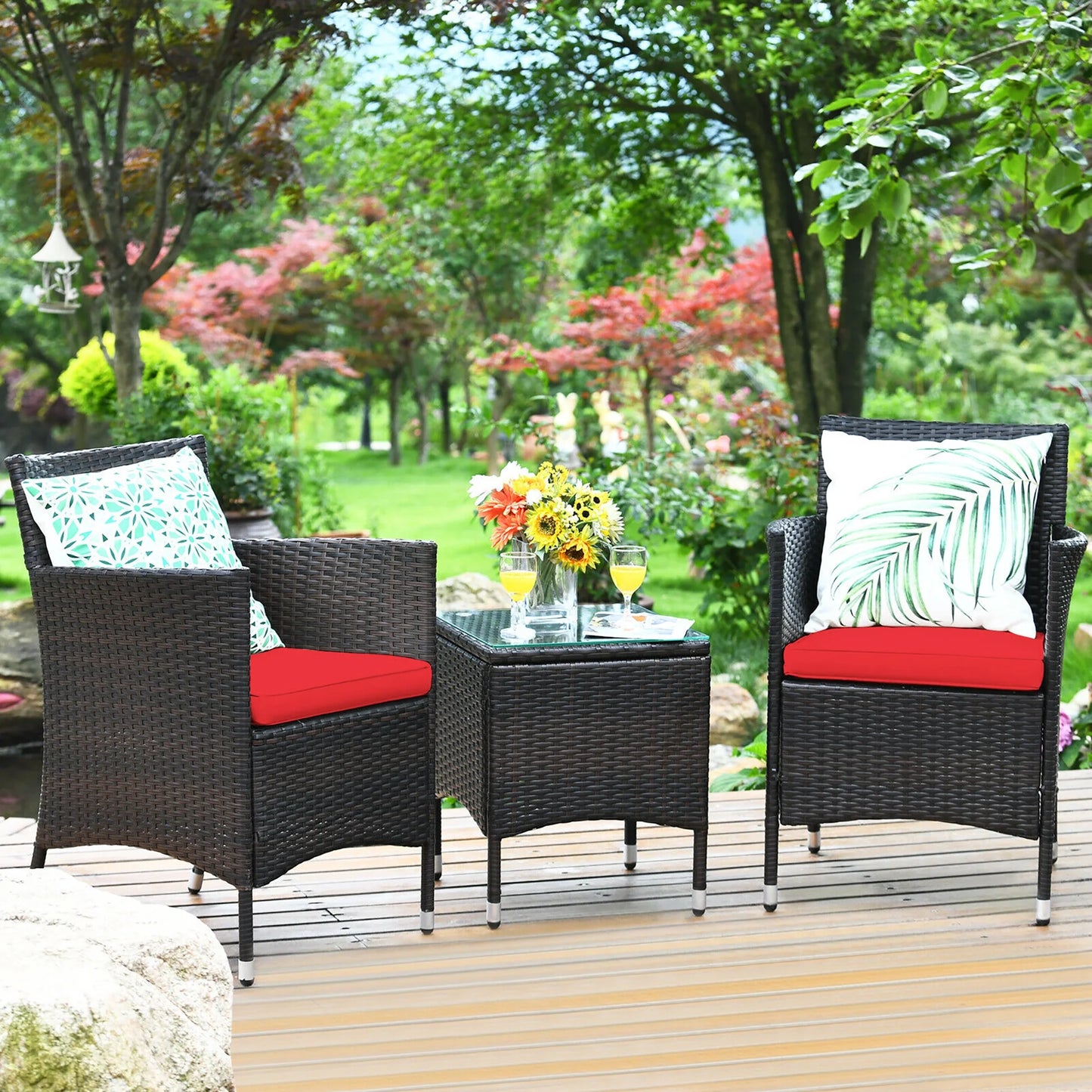 Outdoor 3 PCS PE Rattan Wicker Furniture Sets Chairs Coffee Table Garden Red