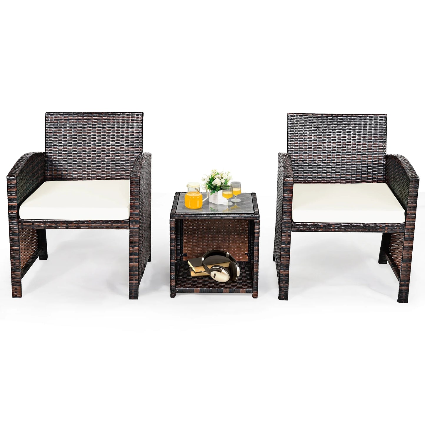 3PCS Patio Rattan Wicker Furniture Cushion Sofa Coffee Table White