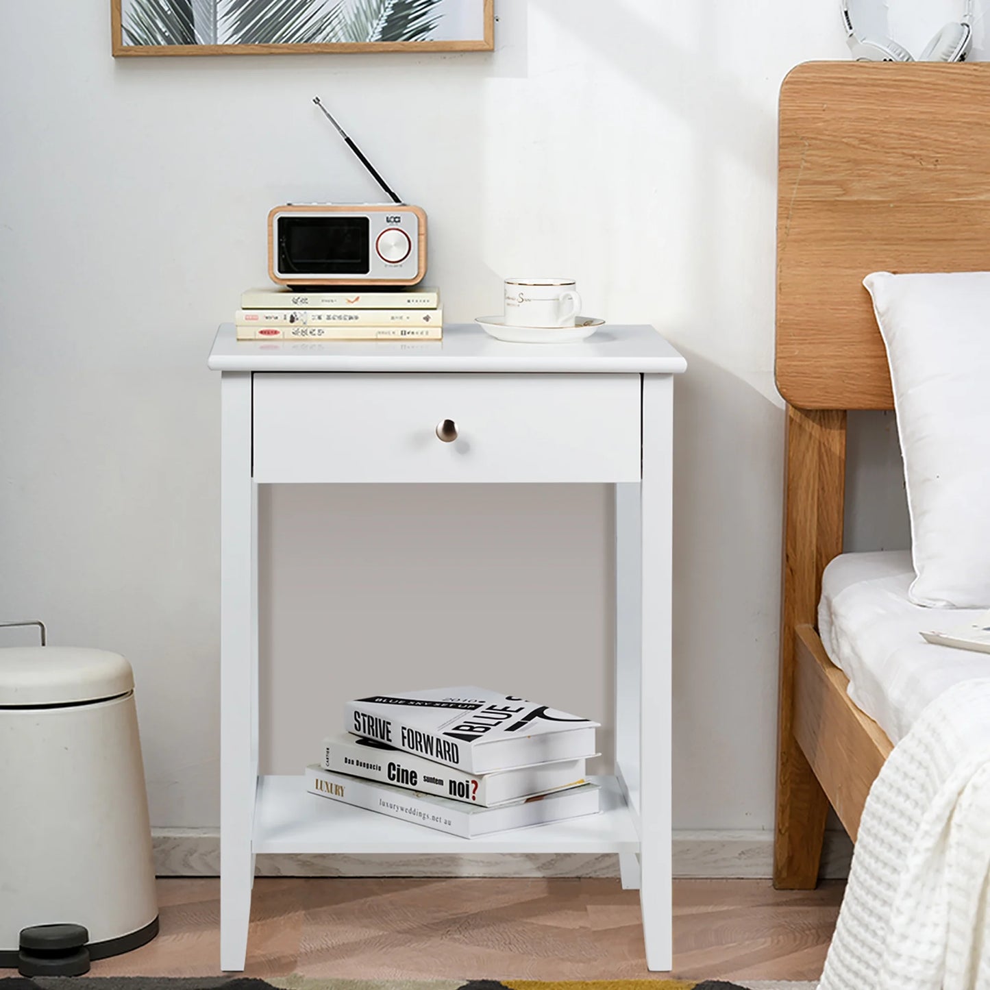 Nightstand End Table Storage Display Bedroom Furniture Drawer Shelf beside White