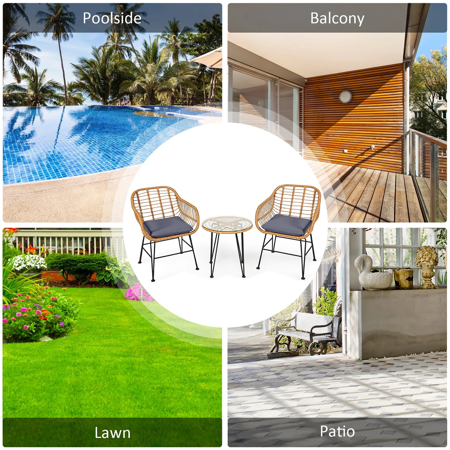 3PCS Patio Rattan Bistro Furniture Set Cushioned Chair Table Grey