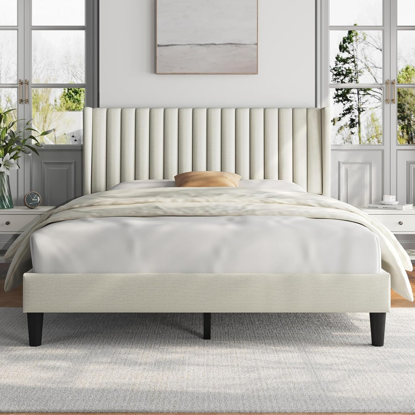 Queen Bed Frame Upholstered Platform Bed with Fabric Headboard, Wing Edge Design/Non-Slip and Noise-Free/Wooden Slats Support/No Box Spring Needed/Easy Assembly, Dark Gray Queen Bed