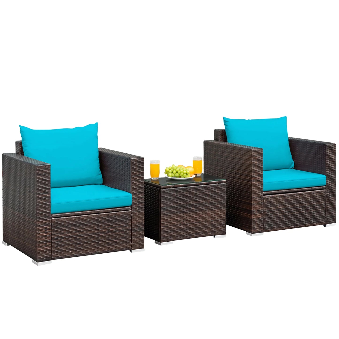3PCS Patio Rattan Furniture Set Conversation Sofa Cushioned Turquoise