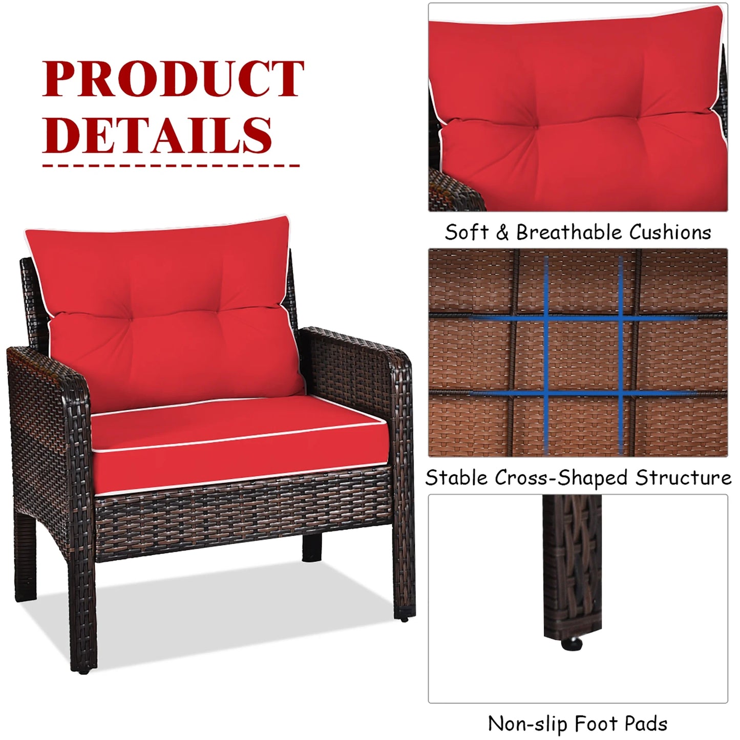 3PCS Outdoor Rattan Conversation Set Patio Furniture Cushioned Sofa Chair Red