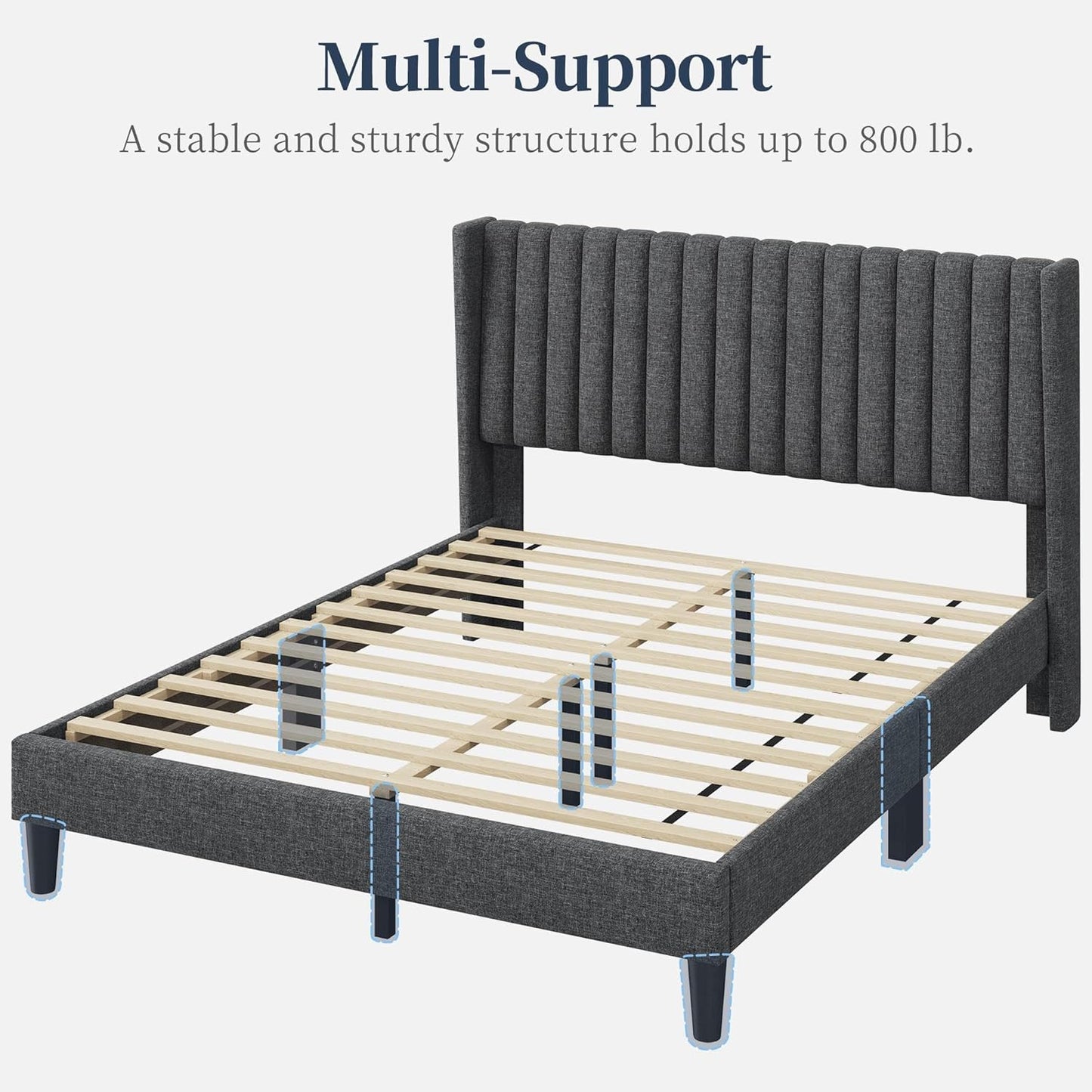 Queen Bed Frame Upholstered Platform Bed with Fabric Headboard, Wing Edge Design/Non-Slip and Noise-Free/Wooden Slats Support/No Box Spring Needed/Easy Assembly, Dark Gray Queen Bed