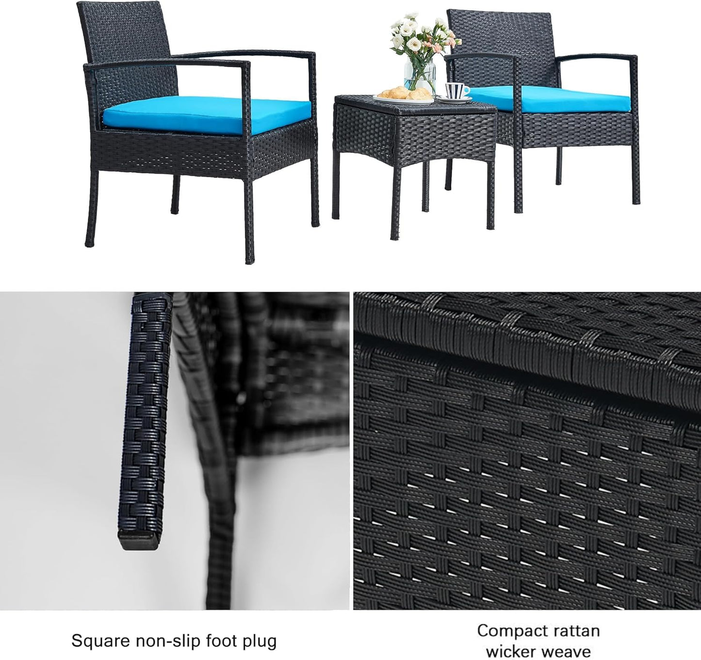 Patio Porch Furniture Set, 3 PCS Outdoor Patio Furniture with Rattan Chairs, Table, Blue Cushions for Garden Porch Balcony Yard