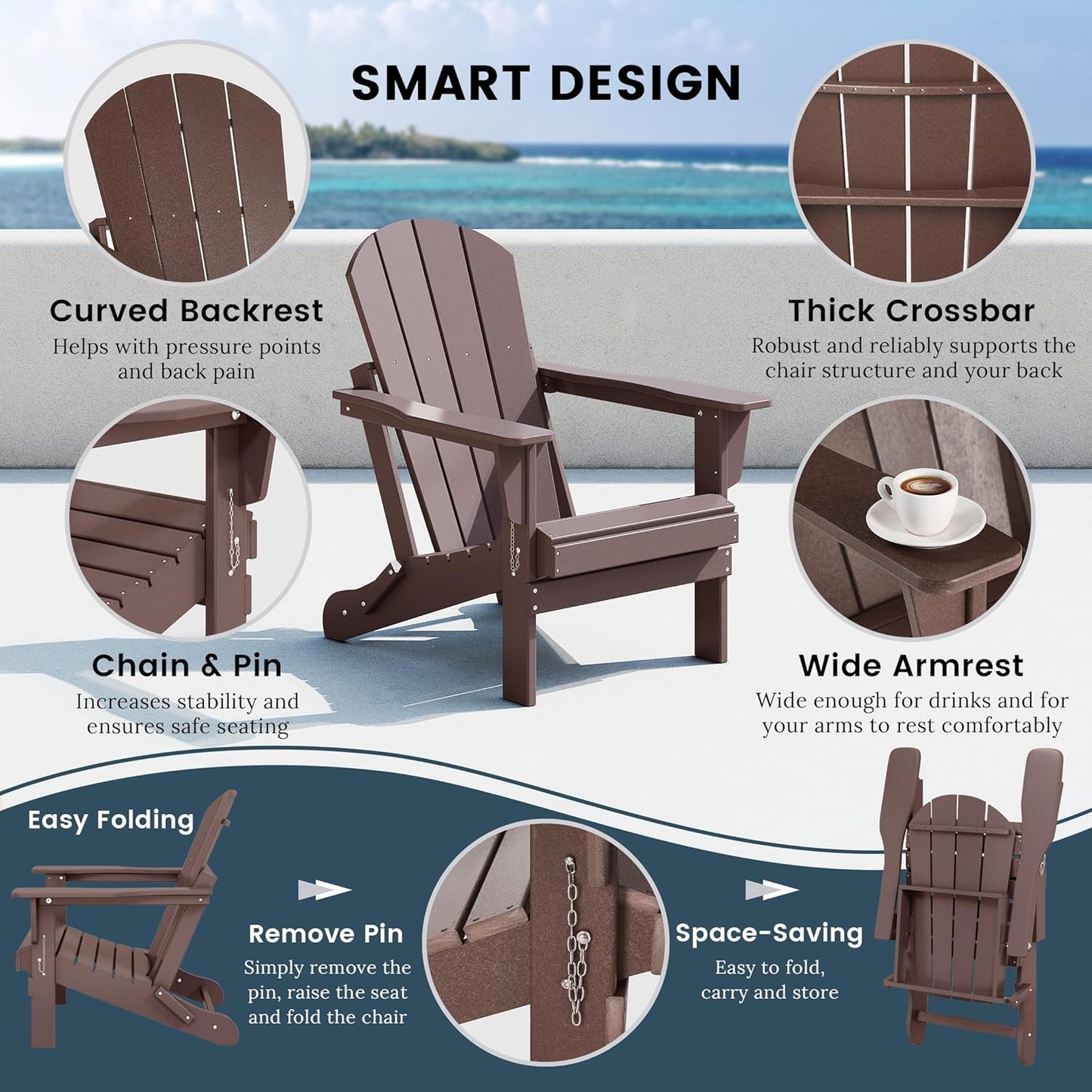 Westin Outdoors Laguna WO Home Furniture Adirondack Chair 2 PCS Set Outdoor Folding Patio Chair for Bon Fire Pit Garden Lawn Backyard Lounging Relaxing (Dark Brown)