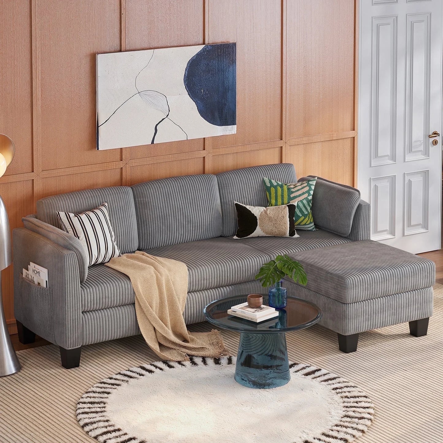 Corduroy Sectional Sofa Couches for Living Room, L-Shaped Modular Small Couch Convertible 3 Seater Sofa with Ottaman Storage,Beige