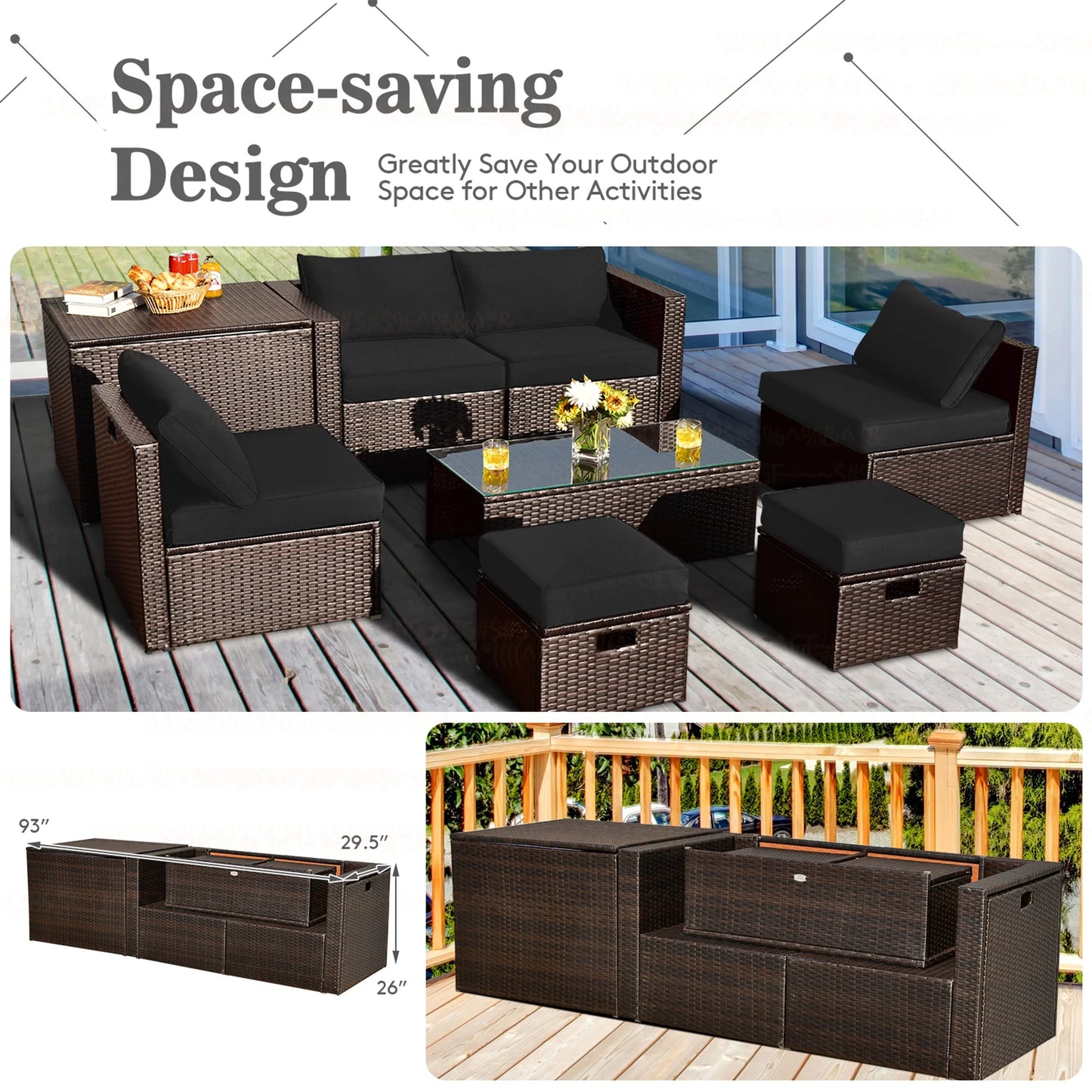 8-Piece Rattan Outdoor Patio Dining Set, Black