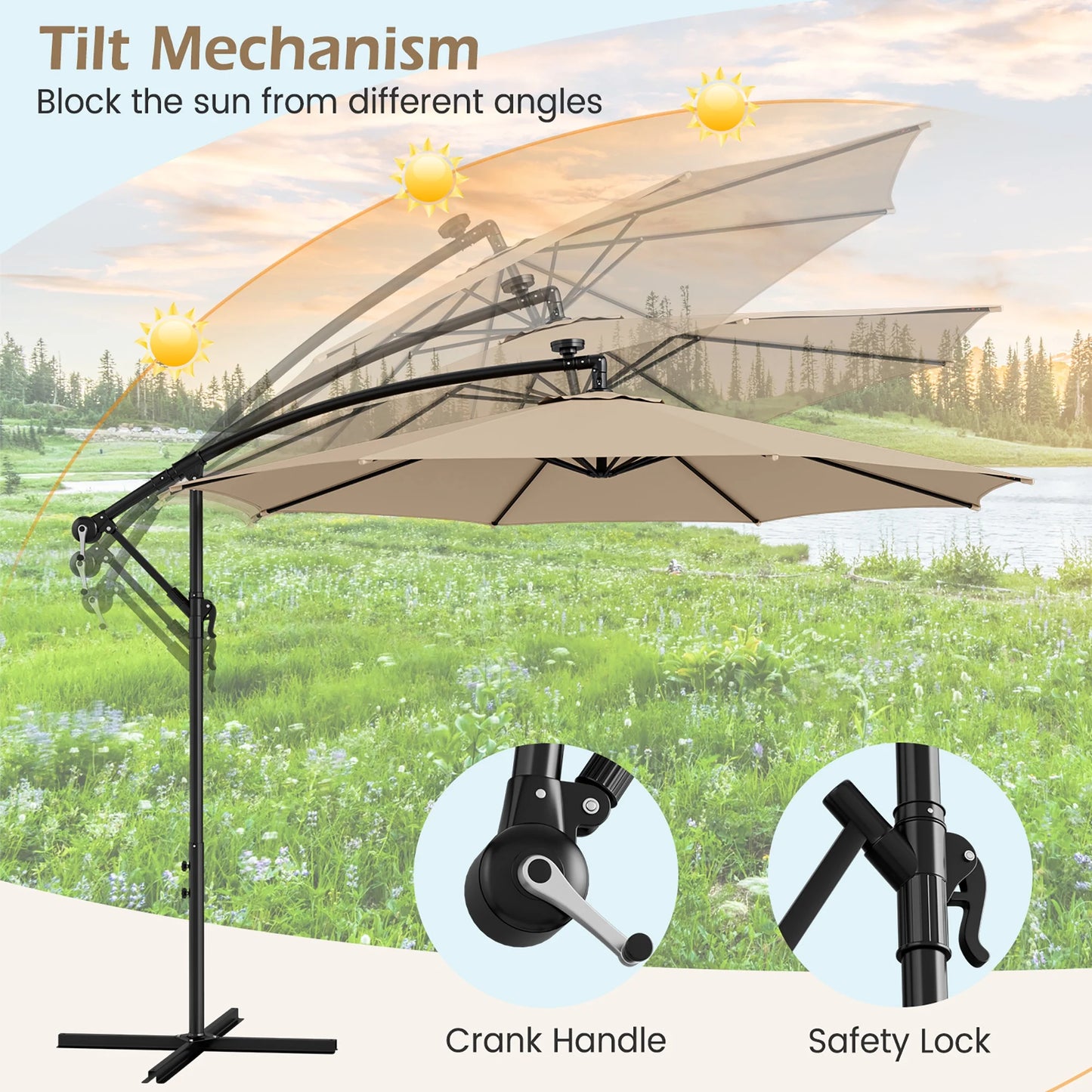 10FT Patio Solar-Lighted 112 LED Cantilever Offset Umbrella Crank Tilt Outdoor Beige
