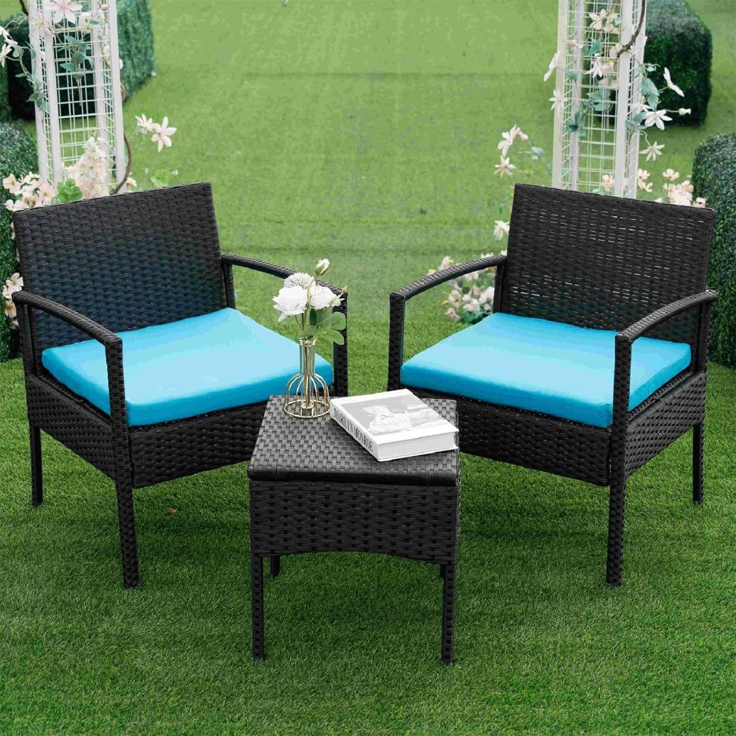 Patio Porch Furniture Set, 3 PCS Outdoor Patio Furniture with Rattan Chairs, Table, Blue Cushions for Garden Porch Balcony Yard