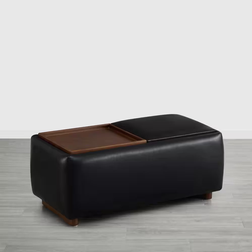 Calista Black Leather Tray Top Storage Ottoman with for Living Room and Bed Room