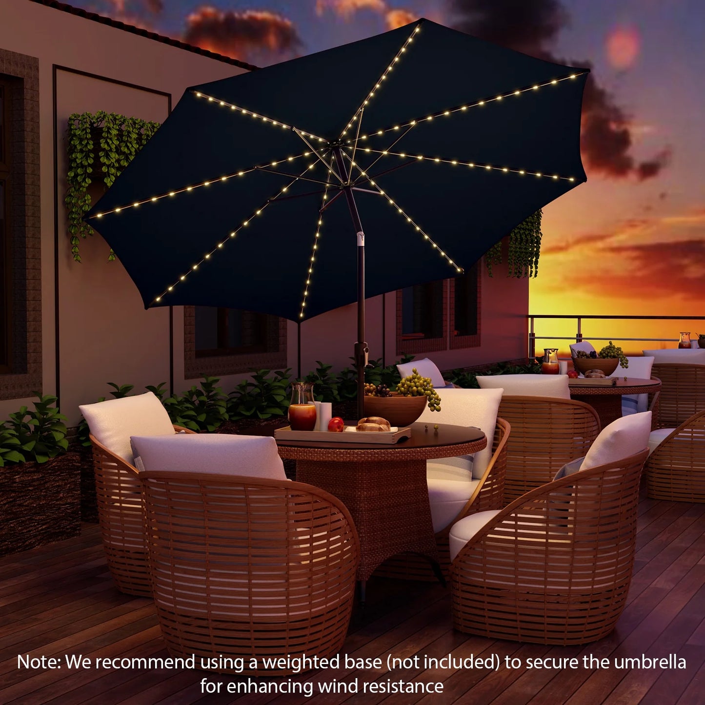 10' Navy round Market Patio Umbrellas, Solar Lighted