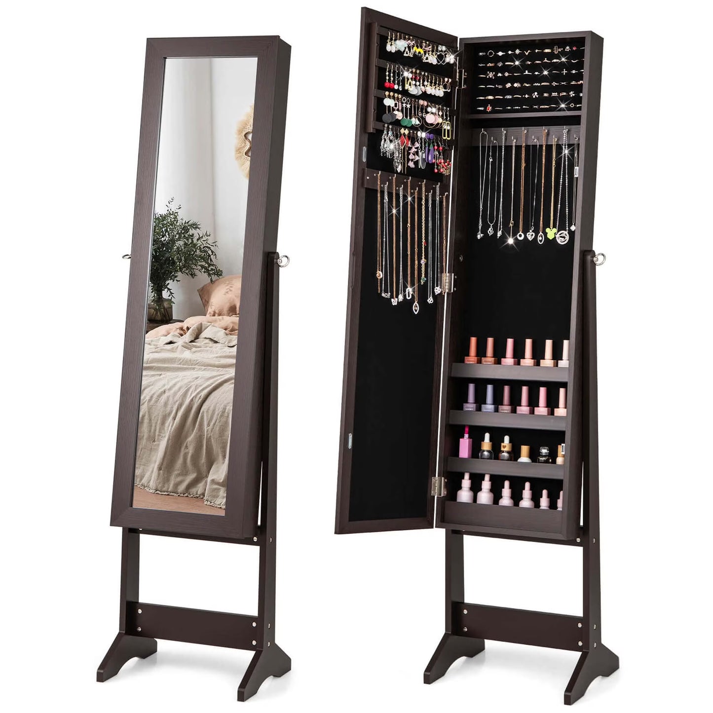 Mirrored Jewelry Cabinet Mirror Organizer Storage Ring Stand