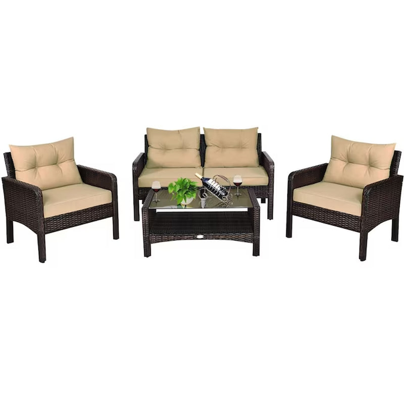 Rattan Outdoor Sofa with Brown Cushions and Steel Frame