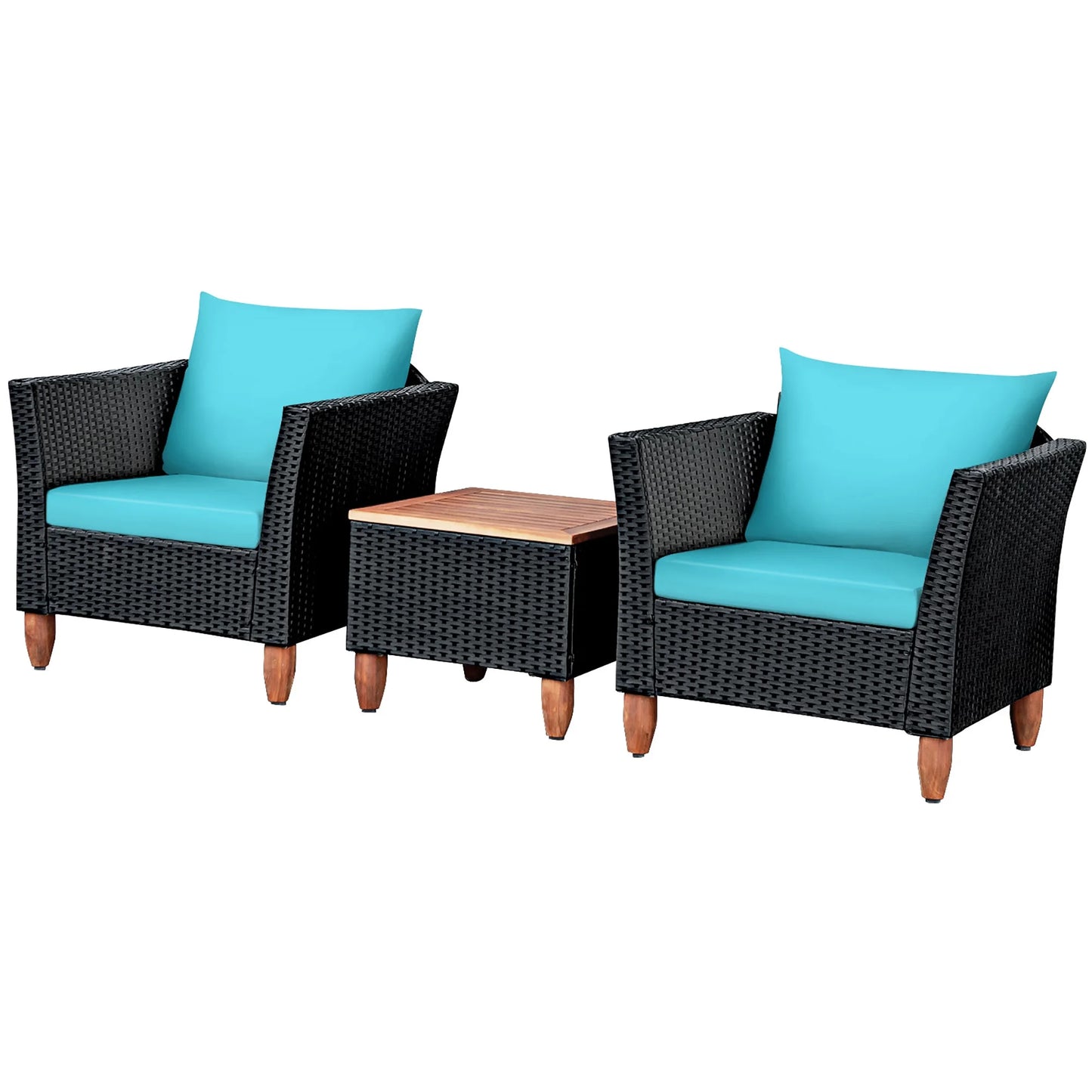 3PCS Outdoor Patio Rattan Furniture Set Wooden Table Cushioned Sofa Turquoise