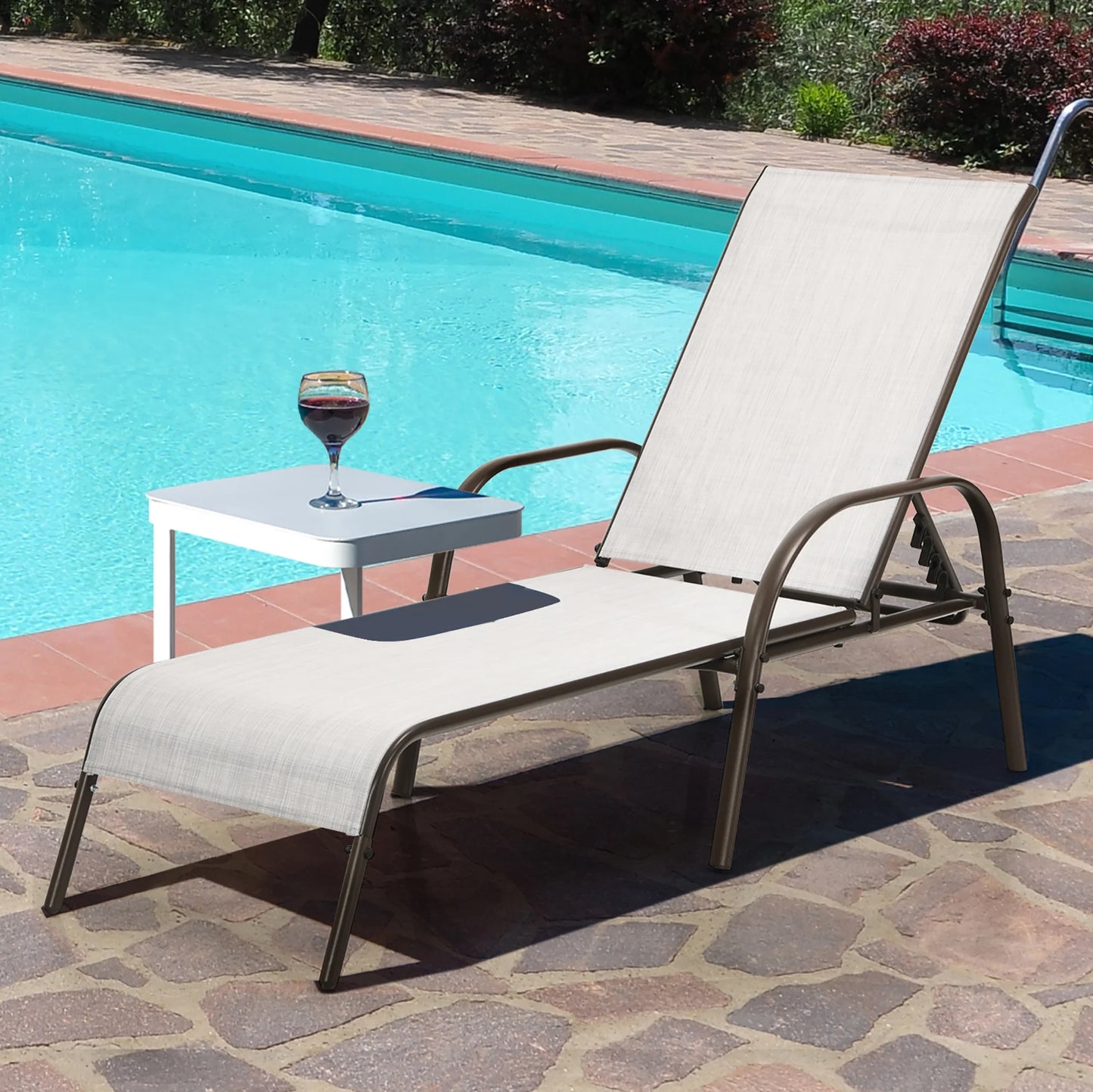2PCS Patio Lounge Chair Chaise Adjustable Reclining Armrest Gray